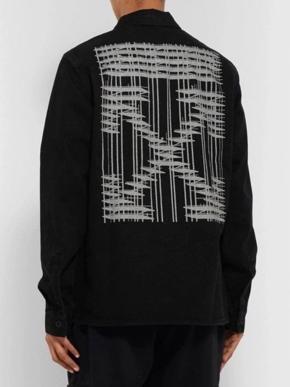 Off-White Black Denim Button-Down Overshirt with Gray Graphic Back Sz Large
